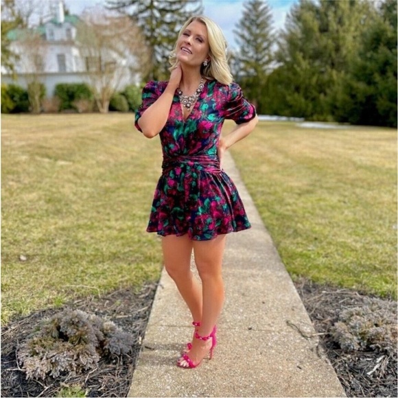 MISA Los Angeles Narcissa Floral Satin Mini Dress V-Neck Black Pink Party - Picture 4 of 16